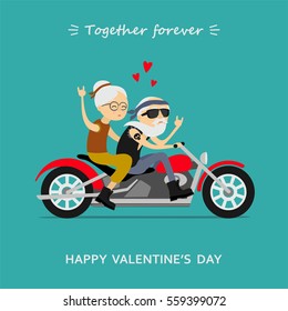 Valentine's day greeting card. Elderly couple on the motorcycle. Old man and old woman. Inscription Together forever, happy Valentine's day 