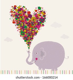 Valentines day greeting card with Elephant blows from the nose big red heart.