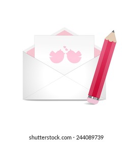 Valentine's day greeting card in envelope with pencil