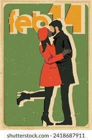 Tarjeta de saludo de San Valentín, Ilustración de estilo retro del 14 de febrero, Pareja de besos, Colores de época, Textura de edad 