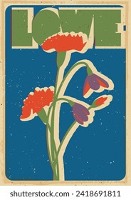 Tarjeta de saludo de San Valentín, Ilustración de estilo retro del 14 de febrero, Bouquet de ropas y gotas de nieve, colores de época, patrón texturizado de edad 