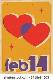 Tarjeta de saludo de San Valentín, Ilustración de estilo retro del 14 de febrero, dos corazones y estrellas amorosos, colores de época, patrón texturizado de edad avanzada 