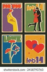 Tarjeta de saludo de San Valentín, Ilustraciones de estilo retro del 14 de febrero, corazón, flores, amantes del beso. Plantillas de afiches para la fiesta del amor, evento, colores de época, patrón de textura de edad 