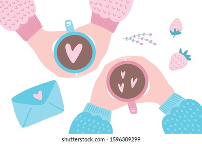 Valentine's day greeting card . Female and male hands offering cup of coffee with love. Flat hand drawn vector illustration.