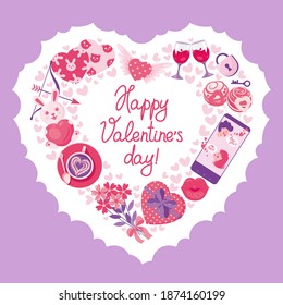 Valentine's day greeting card with festive elements and symbols of love arranged along the contour of a heart with hand-made lettering in the center.
