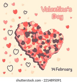 Valentine's day greeting card with festive lettering. Lots of colorful hearts flying around in air. Vector illustration for holidays, gift, romantic dinner, party, wedding, dating