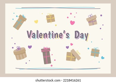 Valentine's day greeting card with festive lettering, gift box, hearts. Many colorful bubbles and hearts flying in air. Vector illustration for holidays, gift, romantic dinner, party, wedding, dating