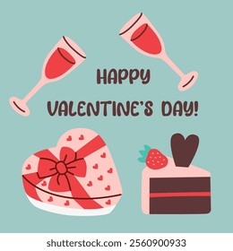 Valentine's Day greeting card in flat style featuring champagne glasses, heart-shaped gift box, and chocolate cake with strawberry. Perfect for romantic holiday designs and celebrations.