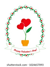 Valentines day greeting card, flower with red hearts in flowerpot and greeting inscription in floral oval frame on white background, Happy Valentine's Day