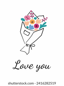 Valentines Day greeting card, flower bouquet composition, valentine with love you text, vector arrangement with roses, tulips in wrapping paper, good for poster design, happy Womens Day 