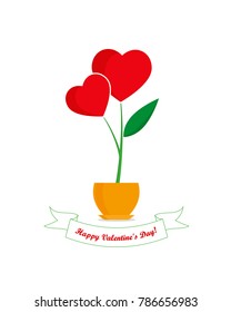 Valentine's day greeting card, flower with red hearts in flowerpot, greeting inscription - Happy Valentine's Day