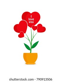 Valentine's day greeting card, flower with red hearts in flowerpot, greeting inscription - I Love You