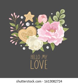 Valentine's day greeting card with flowers, sweets, branches, romantic elements and handwritten text. Vector illustration. Template for invitation, greeting, greetings, posters.