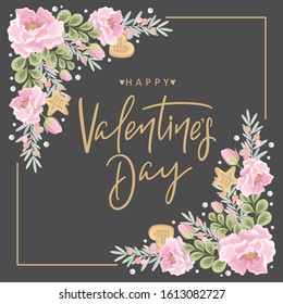 Valentine's day greeting card with flowers, sweets, branches, romantic elements and handwritten text. Vector illustration. Template for invitation, greeting, greetings, posters.