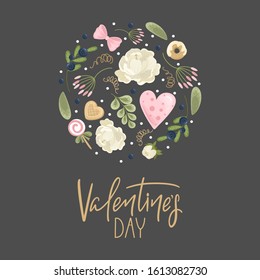 Valentine's day greeting card with flowers, sweets, branches, romantic elements and handwritten text. Vector illustration. Template for invitation, greeting, greetings, posters.