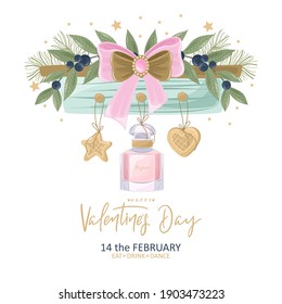 Valentine's day greeting card with flowers, sweets, branches, romantic elements and handwritten text.
 Vector illustration. Template for invitation, greeting, greetings, posters.