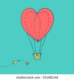 Valentines day greeting card with flying in the sky heart shaped balloon and paper plane. Vector hand drawn illustration in minimalistic style, made with ink outlines