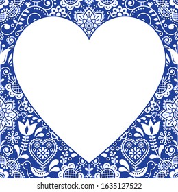 Valentine's Day greeting card, Folk heart vector design, Scandinavian floral background in white and navy blue. Retro cute background with flowers inspired by Swedish and Norwegian  art