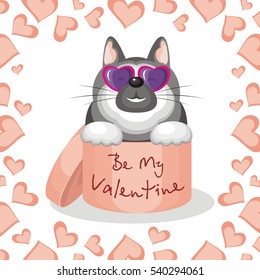 Valentines day greeting card. Funny dog sitting in a gift box with the inscription - Be My Valentine