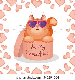 Valentines day greeting card. Funny cat sitting in a gift box with the inscription - Be My Valentine