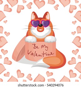 Valentines day greeting card. Funny fox sitting in a gift box with the inscription - Be My Valentine