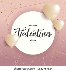 Valentines Day greeting card with geometric background, gplden balloons. Happy Valentines day text on the card, vector illustration