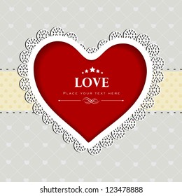 Valentines Day greeting card or gift card with decorative red heart on abstract grey background. EPS 10.