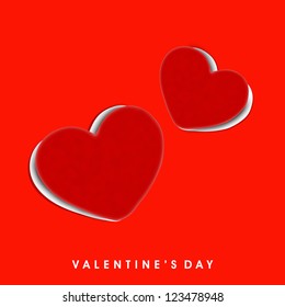 Valentines Day greeting card, gift card or love card with two red hearts on red background. EPS 10.