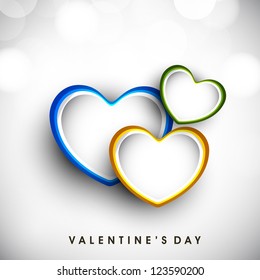 Valentines Day greeting card or gift card with colorful hearts on grey background, love concept. EPS 10.