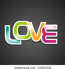 Valentines Day greeting card or gift card with colorful text LOVE on grey background. EPS 10.