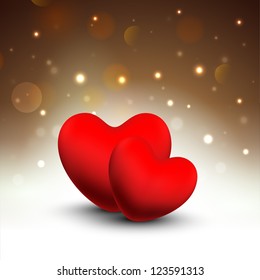 Valentines Day greeting card or gift card with two red hearts on brown shiny background. EPS 10.