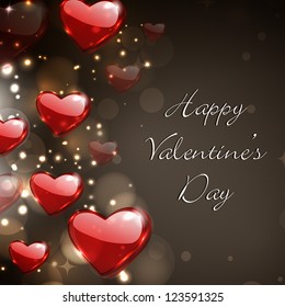 Valentine's Day  greeting card, gift card or love card with red glossy heart on brown sparkling background.  EPS 10.