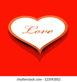 Valentines Day greeting card or gift card with paper heart having text love on red background. EPS 10.