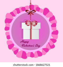 Valentines day greeting card with gift box and red hearts on pink background. Origami present with heart in circle. Paper cut style Valentine's day icon design template. Stock vector illustration