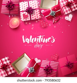 Valentine's Day greeting card with gift boxes, candle and paper hearts on pink background