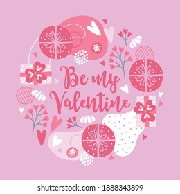 Valentine's Day greeting card with gifts, meringue, hearts, flowers, abstract shapes on pink background. Circle floral ornament. Perfect for spring holidays. Vector illustration