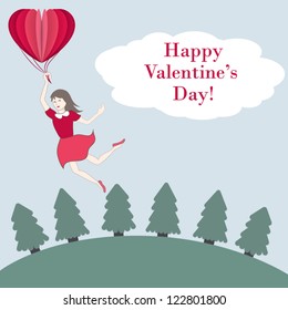 Valentine's Day Greeting Card with girl flying over the landscape while holding heart shaped balloon