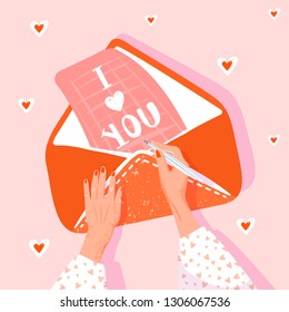 Valentine's day greeting card. Girl writes a love letter. Illustration with woman hands, envelope and letter. Vector illustration.