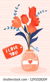 Valentine's day greeting card. Glass jar with lable “I love you” and bouquet of flowers. Vector illustration.