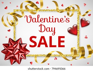 Valentines day greeting card with glass hearts and red gift bow