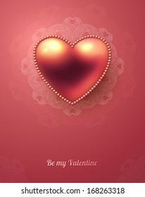 Valentine's Day greeting card with glossy pink heart. 3d vector illustration with empty space for your text message.