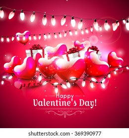 Valentines day greeting card with glossy hearts and gift boxes on red background