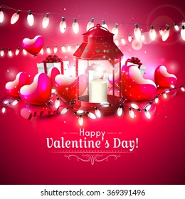 Valentines day greeting card with glossy hearts,lantern and gift boxes on red background