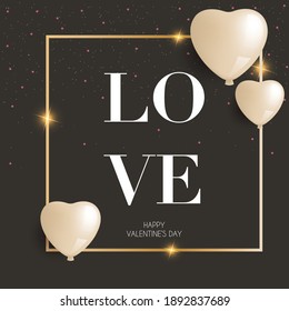 Valentines Day greeting card with a gold frame and confetti. Happy Valentines day poster with a black background, vector illustration