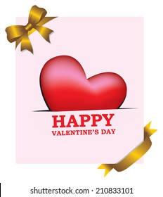 Valentines Day Greeting Card with Gold Ribbon Decoration. Vector illustration of a red heart shape coming out from a slit in the pink background with gold ribbon decorations on corners