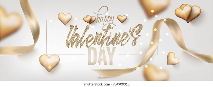 Valentine's Day  greeting card with gold hearts and ribbons. Vector illustration