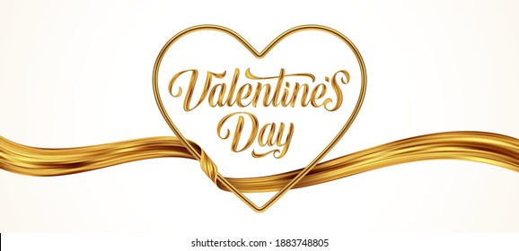 Valentines Day greeting card. Golden metal realistic 3d heart with golden calligraphy and brush stroke wave. Vector design with love symbol.