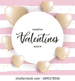 Valentines Day greeting card with golden balloons hearts. poster on the pink stripe background, vector illustration