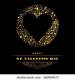 Valentines day greeting card with golden heart and handwritten text with red ribbon. Love symbol.