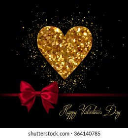 Valentines day greeting card with golden heart and handwritten text with red ribbon. Love symbol. Heart in a gift